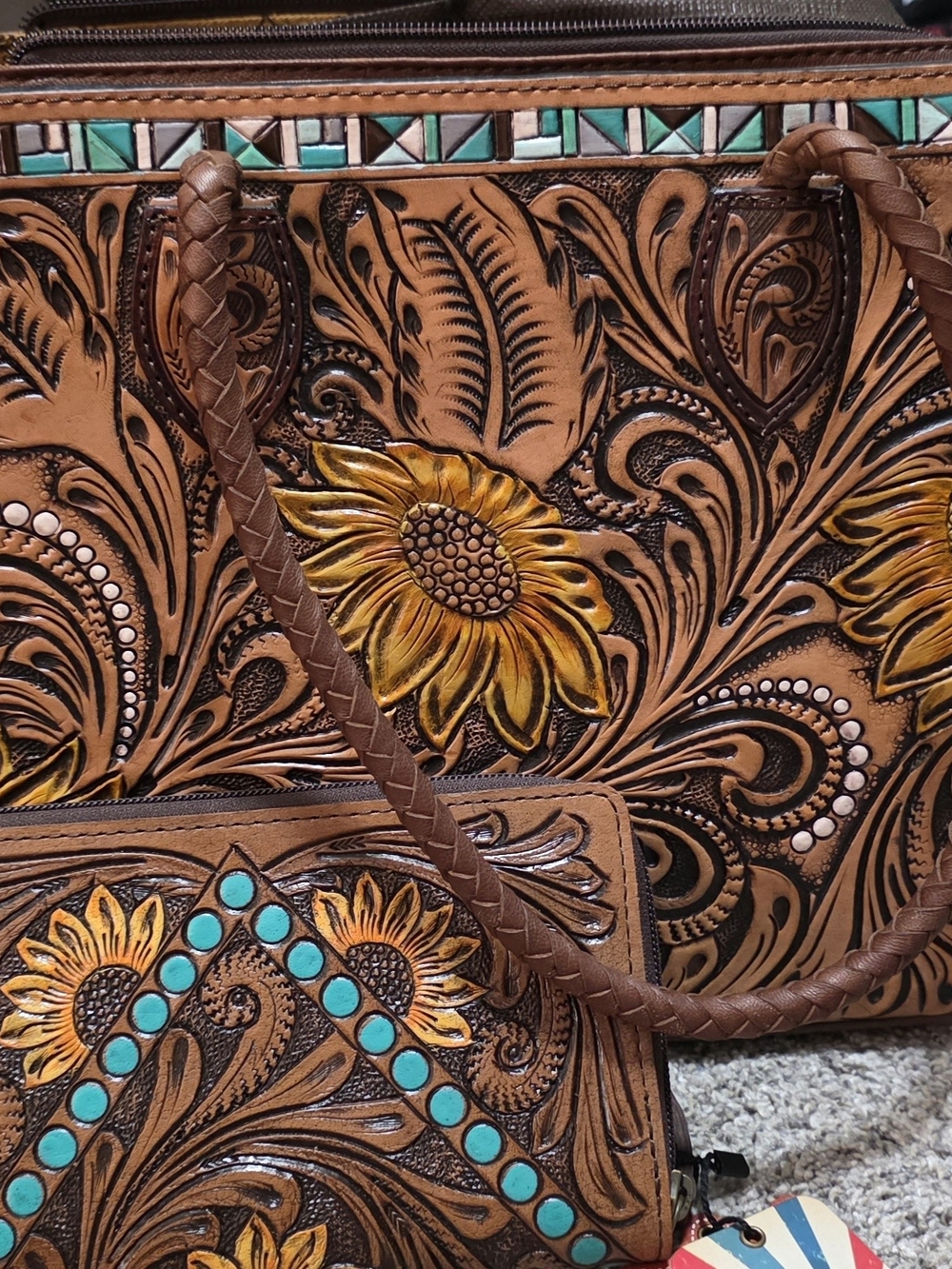 American Darling Brown Tooled Leather Sunflower Tote with Turquoise Accents - Picture 6 of 6